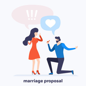 flat vector image on white background, a man standing on his knee makes a proposal to a woman in a red dress, Valentine's Day