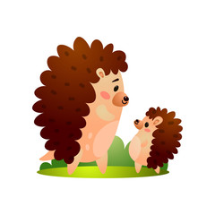 Happy hedgehog father with son is going to walking