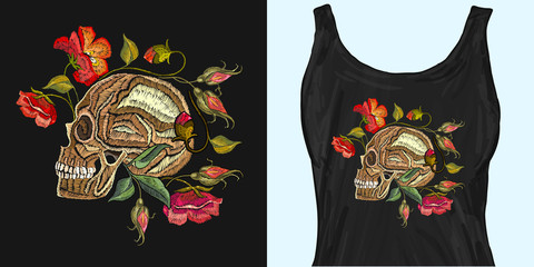 Gothic romantic embroidery human skulls red roses and peonies. Trendy apparel design. Template for fashionable clothes, modern print for t-shirts, apparel art