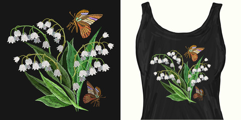 Embroidery white snowdrops flowers and butterfly. Trendy apparel design. Template for fashionable clothes, modern print for t-shirts, apparel art