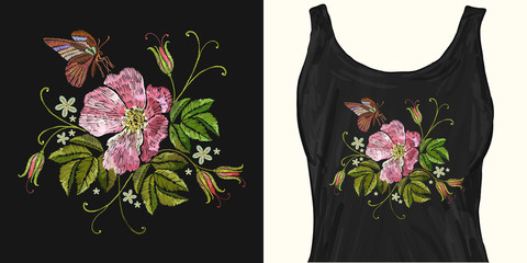 Embroidery vintage wild roses and butterfly. Trendy apparel design. Template for fashionable clothes, modern print for t-shirts, apparel art