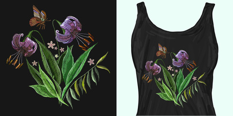 Embroidery tiger lillies. Trendy apparel design. Template for fashionable clothes, modern print for t-shirts, apparel art