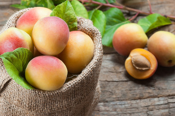 Fresh whole Ripe apricot fruits with a leaf and half in burlap sack on wooden rustic table. Apricots healthy fruit background