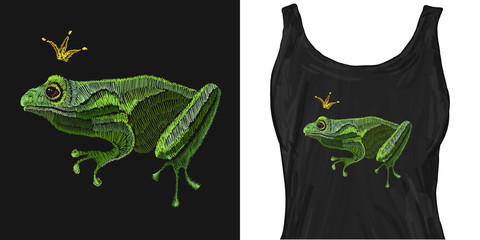 Queen frog embroidery and golden crown. Trendy apparel design. Template for fashionable clothes, modern print for t-shirts, apparel art