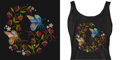 Butterflies, berries and flowers embroidery. Trendy apparel design. Template for fashionable clothes, modern print for t-shirts, apparel art