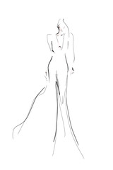 Silhouette of young woman, model in dres. Fashion sketch. Vector