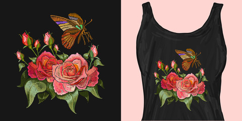 Beautiful butterfly and roses classical embroidery. Trendy apparel design. Template for fashionable clothes, modern print for t-shirts, apparel art
