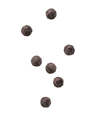 Falling black pepper, peppercorn, isolated on white background, clipping path, full depth of field