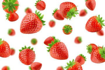 Fototapeta na wymiar Falling strawberry isolated on white background, selective focus