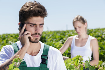young man using phone in vinayard