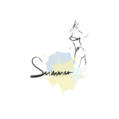 Hand drawn girl in bikini and sunglasses, handwritten summer. Vector