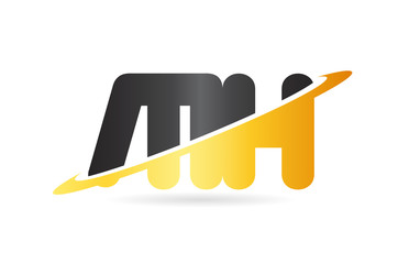 swoosh MH M H yellow black alphabet letter combination logo icon design