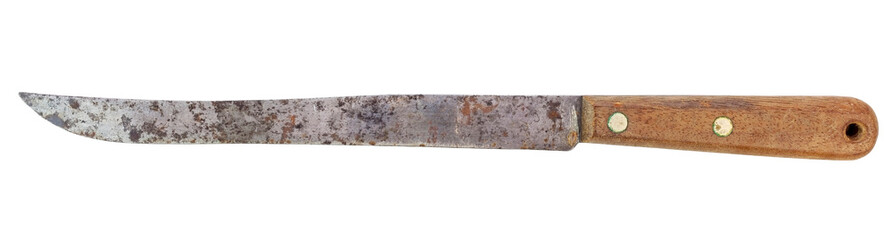 Vintage rusting kitchen knife with wood handle isolated on white.