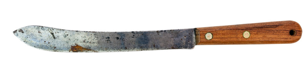Vintage rusting kitchen knife with wood handle isolated on white.