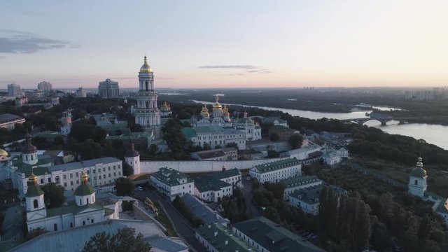 Aerial view. Kiev Pechersk Lavra, Orthodoxy church, monastery and museum. Sunrise. 4K