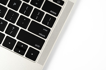 White office work space desk table with computer laptop keyboard close up shot. Top view with copy space, flat lay.