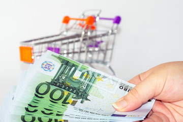 Euro banknotes with shopping basket background - 277237443