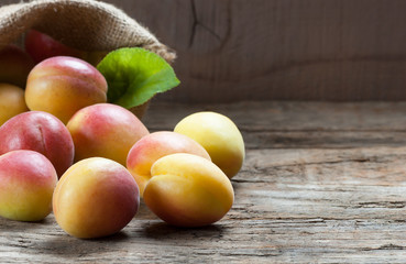 Fresh whole Ripe apricot fruits with a leaf and half in burlap sack on wooden rustic table. Apricots healthy fruit background