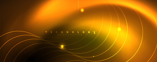Bright neon circles and wave lines, glowing shiny background design template, digital techno concept.