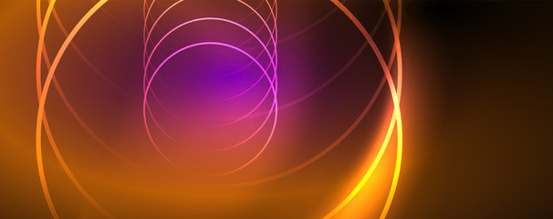 Shiny neon lights, dark abstract background with blurred magic neon light curved lines