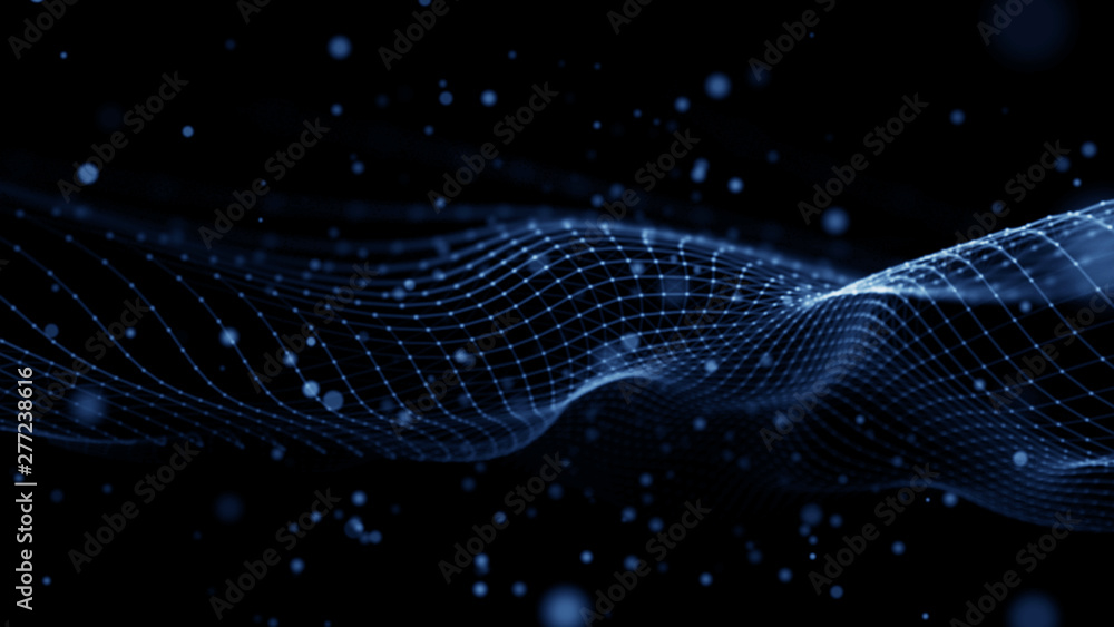 Poster wave 3d. abstract wave dots in dark background. data technology background.