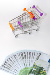 Euro banknotes with shopping basket background - 277238872