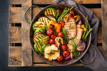 Seasonal summer grilled vegetables and chicken breast