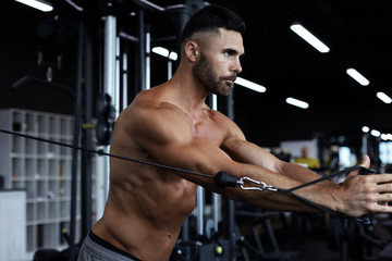 Fototapeta na wymiar Fit and muscular man trains pectoral muscles on a block simulator in the gym.