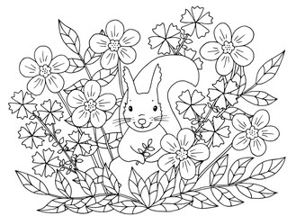 Coloring page with flowers and squirrel