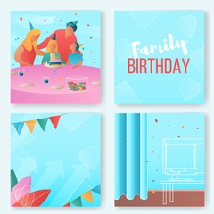 Modern cartoon flat characters, family celebrates birthday landing page,sales poster,banner flyer,web online concept of healthy lifestyle design.Flat cartoon family