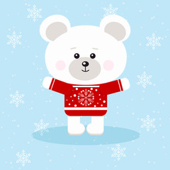 Isolated cute christmas polar bear in red sweater in snow background in cartoon flat style.