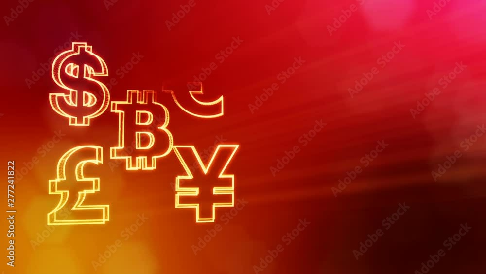 Aufkleber symbol bitcoin dollar euro pound and yen. financial background made of glow particles as vitrtual ho