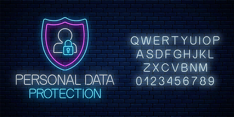 Personal data protection glowing neon sign with alphabet. Internet cyber security symbol with shield