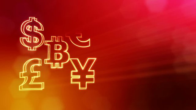 symbol bitcoin dollar euro pound and yen. Financial background made of glow particles as vitrtual hologram. 3D seamless animation with depth of field, bokeh and copy space. Red v7