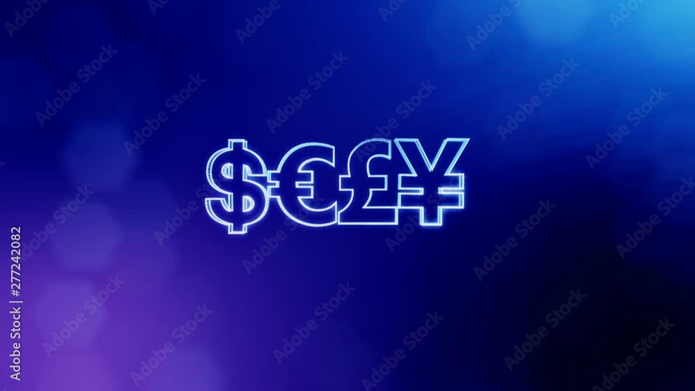 Poster symbol bitcoin dollar euro pound and yen. financial background made of glow particles as vitrtual ho