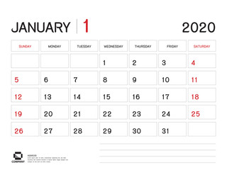 January 2020 Year Template, Calendar 2020 Vector, Desk Calendar Design, Week Start On Sunday, Planner, Stationery, Printing, Size : 8 x 6 inch