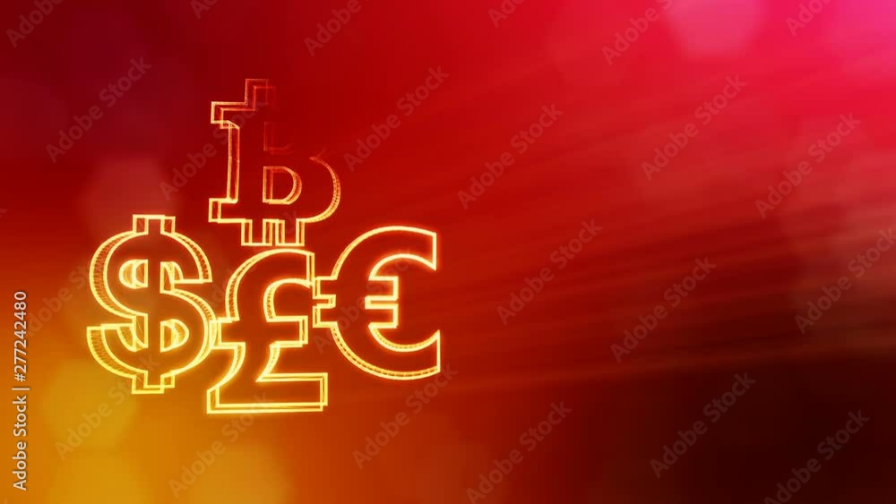 Poster symbol bitcoin dollar euro pound. financial background made of glow particles as vitrtual hologram. 
