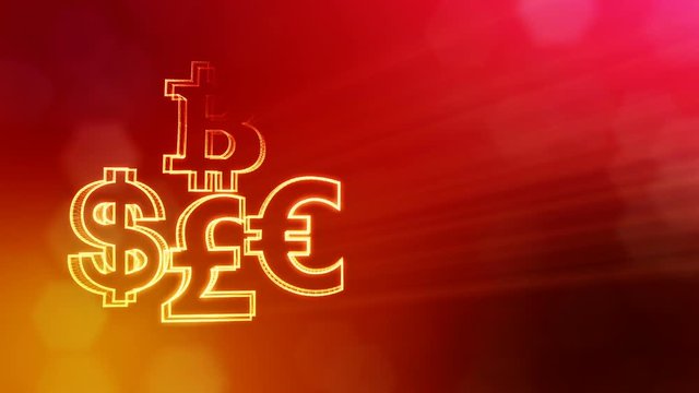 symbol bitcoin dollar euro pound. Financial background made of glow particles as vitrtual hologram. 3D seamless animation with depth of field, bokeh and copy space. Red v7