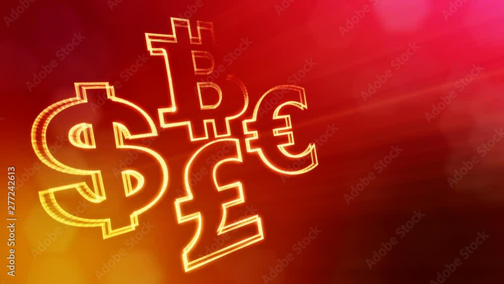 Poster symbol bitcoin dollar euro pound.. financial background made of glow particles as vitrtual hologram.