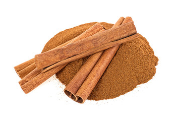 Cinnamon sticks and powder isolated on a white background
