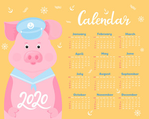 Calendar for 2020. Week start on Sunday. Cute pig in a sailor suit visor and collar. Funny animal.
