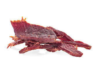 Beef jerky pieces isolated on a white background