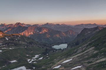 View over the Seealpsee at the top of the Nebelhorn