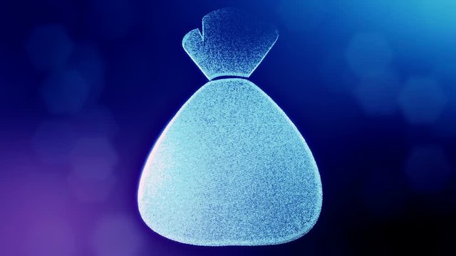 icon money bag. Background made of glow particles as vitrtual hologram. 3D seamless animation with depth of field, bokeh and copy space. Blue v7