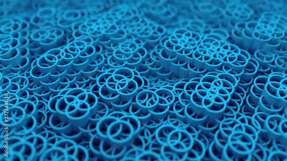 Poster background of many circles, lot of 3d intersecting cylinders, computer generated modern backdrop