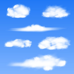 Naklejka na ściany i meble Set of realistic images of white clouds on a blue background. Created using gradient mesh. Vector EPS 10.