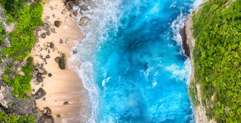 Fototapeta na wymiar Aerial view at sea, beach, rocks. Turquoise water background from top view. Summer seascape from air. Summer adventure. Travel - image