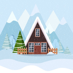 Fototapeta na wymiar Winter landscape with a frame country house in the mountains, spruces, snow in cartoon flat style.