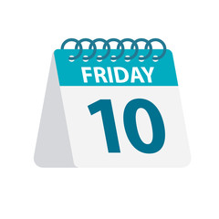 Friday 10 - Calendar Icon. Vector illustration of week day paper leaf. Calendar Template