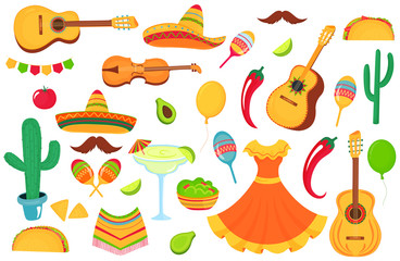 Mexican musical instruments, local food, clothing. Big set of decorative elements for the design of a poster, banner, flyer, greeting card, advertising.